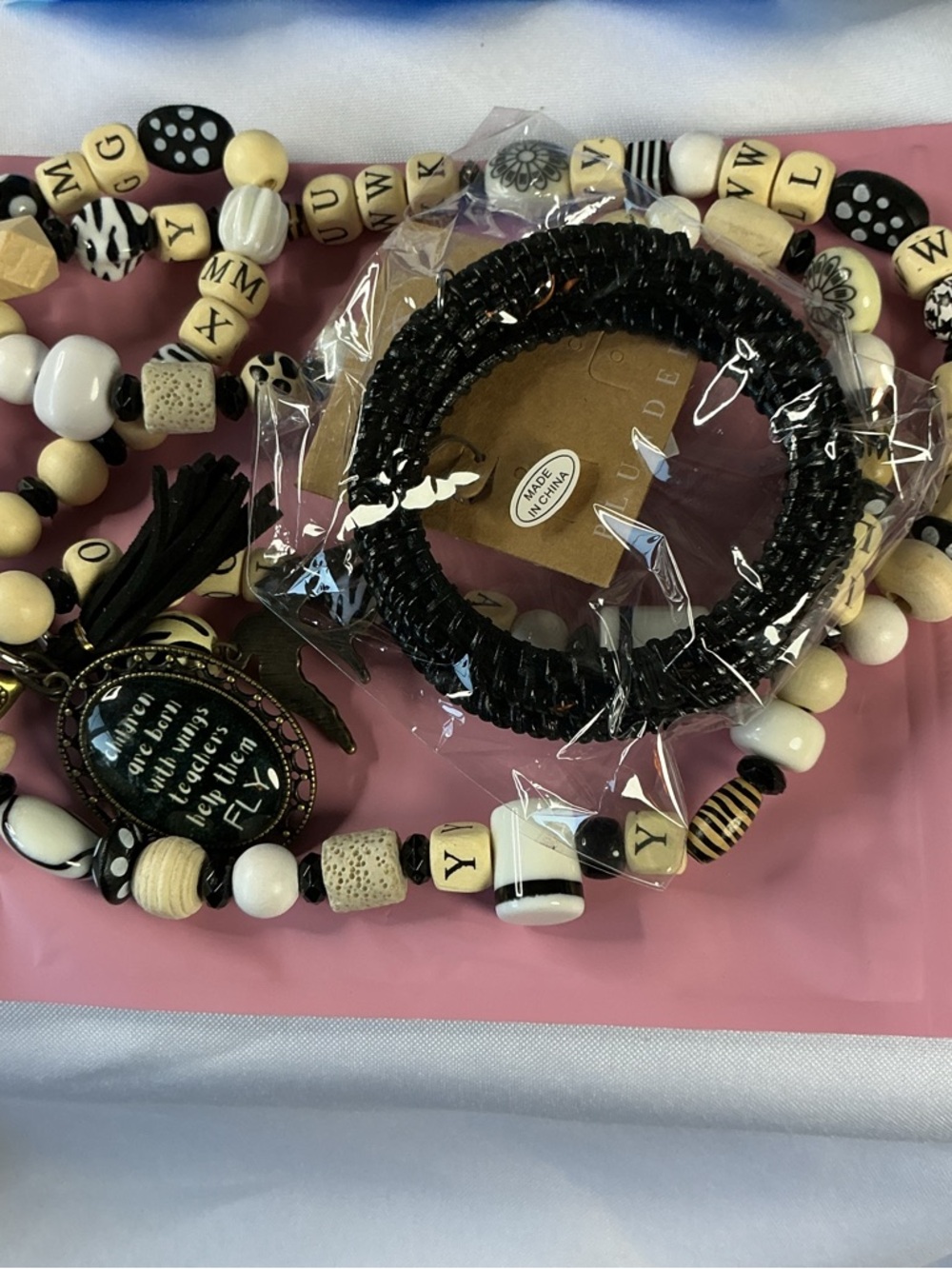 Beaded Multi-Strand Necklace with Black Coil Bracelet - Black & Ivory